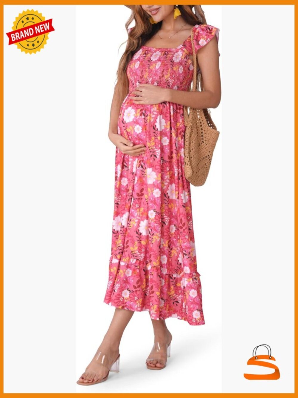 Summer Maternity Maxi Dress, Smocked Bodice Ruffle Sleeves